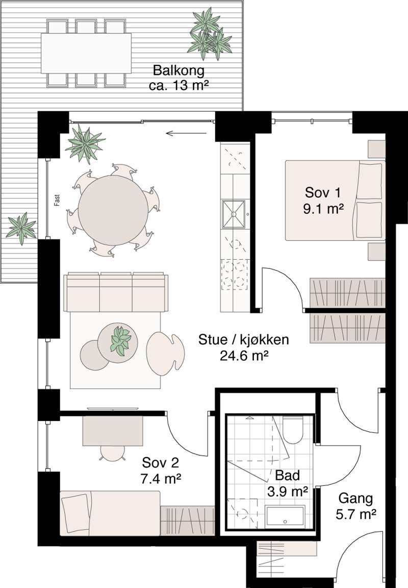 Standard planløsning 3-roms
